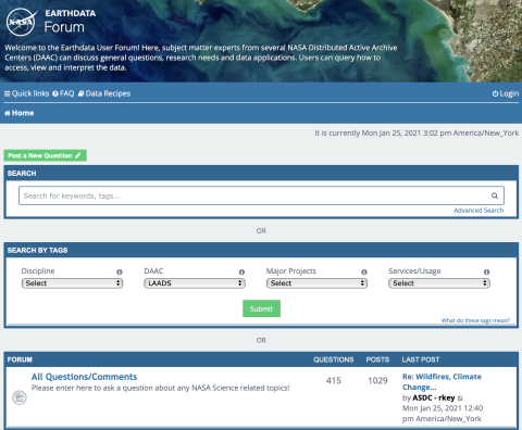 This screen capture shows the Earthdata Forum in which the LAADS DAAC is pre-selected.