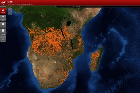 FIRMS image of Africa acquired July 8, 2019, showing hotspots detected by MODIS or VIIRS.