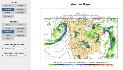 NASA's Global Modeling and Assimilation Office provides applications for interactive analysis and visualizations of experimental, climatological data​, like this model of precipitation and sea level pressure for May 8, 2020.