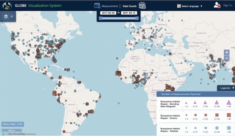 Mosquitoes Habitat Mapper visualized through the Globe Visualization System. The maps indicate the number of habitat data counts and genera data counts from citizen scientists. Credit: NASA Globe