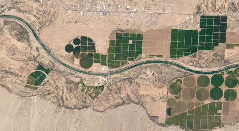 Farms rise from a floodplain where the Mojave nation meets Arizona, Nevada, and California. Astronaut photo ISS051-E-13172 was acquired on April 14, 2017 aboard the International Space Station. I