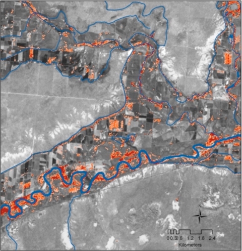 Map shows locations of detected tamarisk, using remote sensing, in southeastern Colorado.