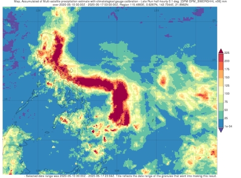 Surface rainfall accumulations (mm) estimated from the NASA IMERG satellite precipitation product from 10 to 17 May 2020 in association with the passage of Typhoon Vongfong.