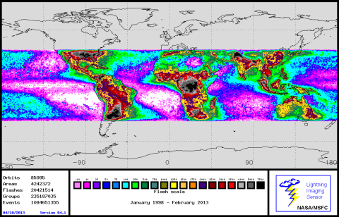 LIS map of global lightning 1998 to 2013