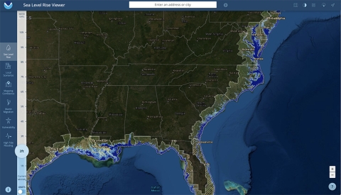 NOAA's Sea Level Rise Viewer provides data and maps to illustrate the scale of potential flooding. Water levels are relative to Mean Higher High Water (MHHW) (excludes wind driven tides). Credit: NOAA