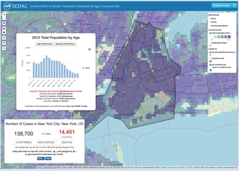 Screenshot from COVID-19 Viewer showing map of New York City overlain with two data boxes: one shows COVID-19 metrics as of the time and day of the image; the other shows a demographic table of the area highlighted in the base map.