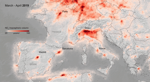 Average nitrogen dioxide (NO2) concentrations over Europe are shown from March 13 to April 13, 2020, compared to the same time in 2019.