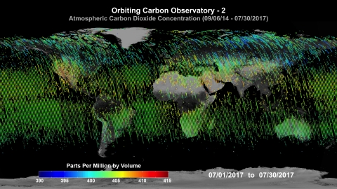 Global map of average carbon dioxide concentrations for July 2017 measured by NASA’s Orbiting Carbon Observatory-2 (OCO-2).