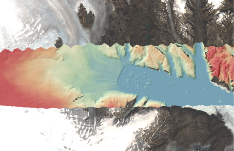 Multi-colored glacier image showing elevation change from left to right (west to east) with colors changing from red (left side, higher elevation) to blue (right side, low elevation/sea level).
