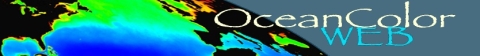 OceanColor logo with the words OceanColor Web overlaying an image of Earth with chlorophyll concentrations indicated by various colors in water bodies.
