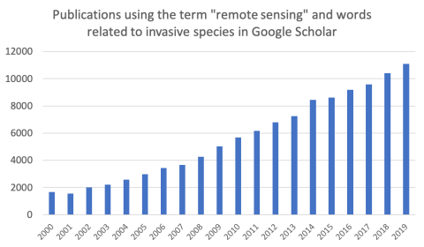Searching in Google Scholar reveals an increasing number of publications each year using remote sensing and invasive species.