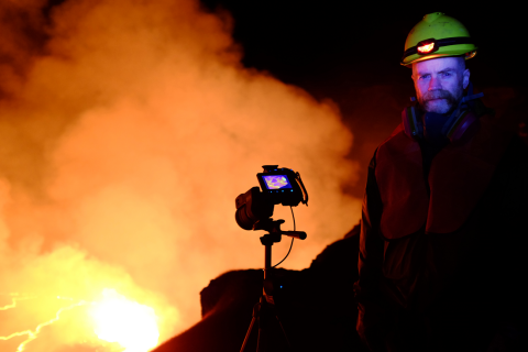 Dr. Ramsey collecting TIR data at a lava lake.