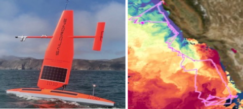 Image of Saildrone and a diagram of its cruise along the West Coast and Baja Peninsula
