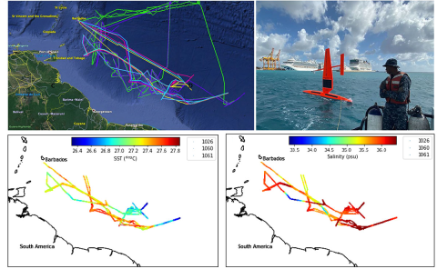 Panel of four images related ATOMIC dataset. Upper left image is a map of the Caribbean with colored lines showing UAV tracks; upper right image shows release of orange Saildrone UAV by researcher on small boat; lower left image shows colored line indicating changes in SST; lower right shows colored lines indicating changes in surface salinity.