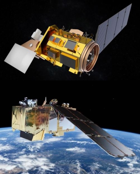 This image shows artist renderings of the Landsat-8 and Sentinel 2 satellites