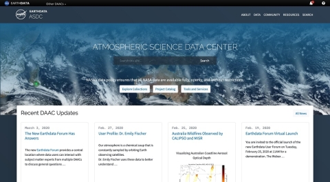 Image of new ASDC home page with the words Atmospheric Science Data Center superimposed over a MODIS daily global image. Below this top bar are boxes highlighting articles and other features.