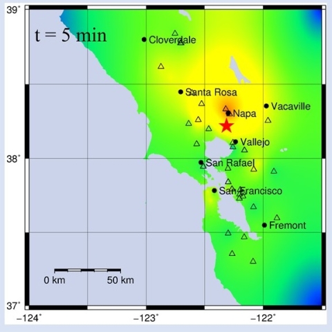 Image showing location of epicenter of 2014 Napa Valley earthquake (red star) and locations of regional seismometers (triangles). Map colors show ground shaking intensity, and range from organge near the epicenter to blue far from the epicenter.