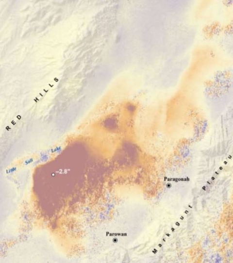 This InSAR image of data from Sentinel 1A shows levels of ground subsidence in southwestern Utah between April 22, 2015 and August 2016. Credit: Alaska Satellite Facility. Image courtesy of Utah Geological Survey