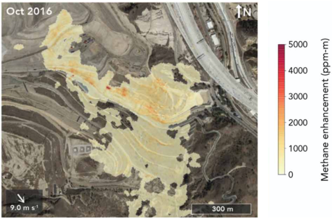 A methane plume is shown coming from Sunshine Canyon Landfill near Santa Clarita, California. The plume is shown in a yellow to red gradient, with red representing higher concentrations of methane.