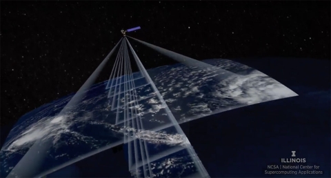 Black and white image showing the Terra satellite with rays/lines indicating areas on Earth sensed by individual instruments.