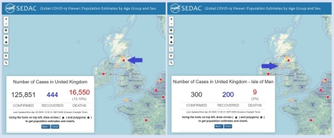 Two images of Great Britain showing the difference in data returns by clicking on Country Only data (red dot) and Country/States/Provinces data (yellow dot). Country data shows a much larger number of COVID-19 cases.