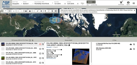 Alaska Satellite Facility Distributed Active Archive Center Vertex synthetic aperture radar search tool.
