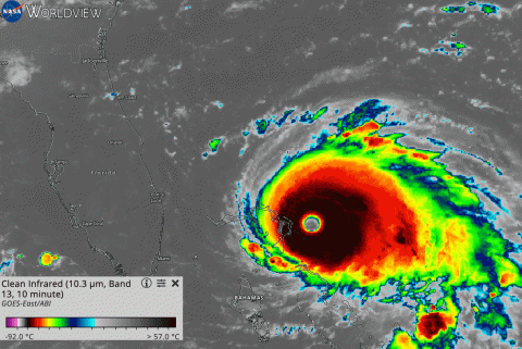 Clouds get colder as they extend higher into the atmosphere. This GIF shows cloud-top temperatures from GOES-East as Hurricane Dorian makes landfall in the Bahamas.