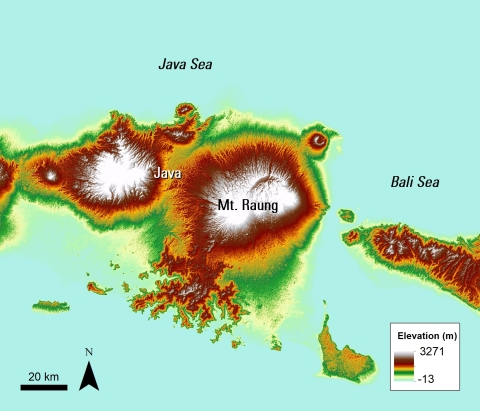 An ASTER GDEM image of Mt. Raung and the surrounding area.