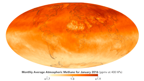 Global map of average methane concentrations for January 2016, measured by the Atmospheric Infrared Sounder (AIRS).