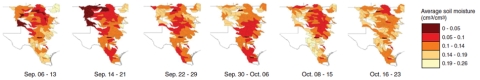 Two plots mapping dust activity across the Arabian Peninsula between 2001 to 2005 and 2008 to 2012