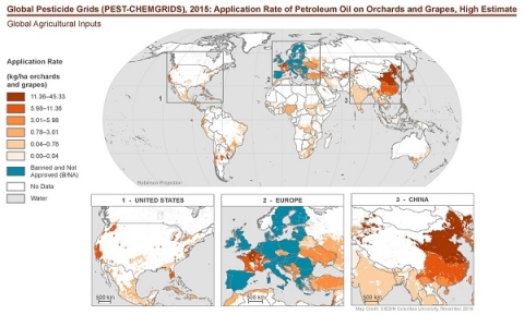 Global image with colors indicating the application rate of petroleum oil on orchards and grapes. Three maps at the bottom of the image give a closer view of the United States, Europe, and Asia.