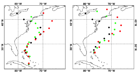 Fig. 3 5-day (left) and 4-day (right) forecasted tracks of Sandy from NOPOLAR (red), NOPOLAR-EAD (green), and control system (black)