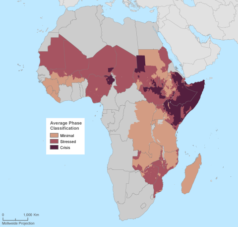 Map of Africa with countries experiencing food insecurity filled in with darker colors indicating higher levels of food insecurity.