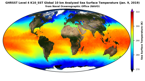 Image of sea surfact temperature (SST) from the new GHRSST dataset at PO.DAAC.