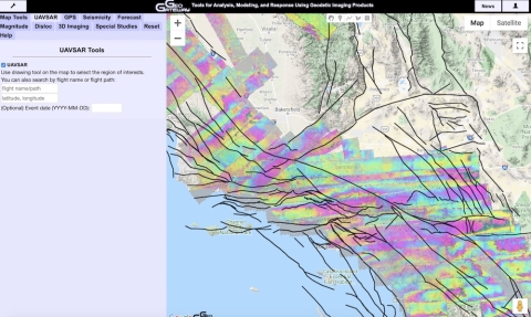 GeoGateway Tool showing the Uniform California Earthquake Rupture Forecast faults, along with the UAVSAR flight paths as processed interferograms.