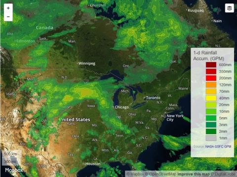 IMERG image from GPM data showing one day accumulated rainfall over North America for the period ending July 1, 2019.