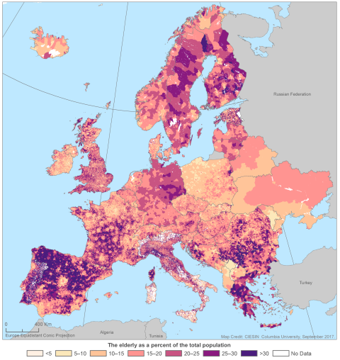 GPWv4.10 Basic Demographic Characteristics map of Europe showing the elderly as a percent of total population.