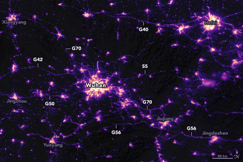 Satellite image shows nighttime lights near Wuhan, China on January 19, 2020.