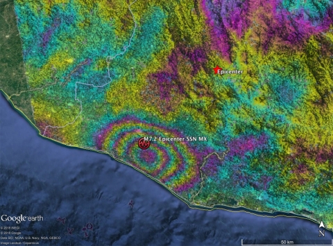 Interferogram from Sentinel-1 SAR data acquired 2018/02/17 and 02/05 shows earthquake fault slip on a subduction thrust fault causing up to 40 cm of uplift of the ground surface. The motion has been contoured with 9 cm color contours, also known as fringes.
