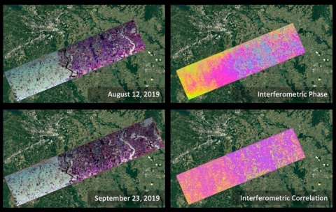 Four image collage with false color images on left (grading from gray on left to purple on right) and interferograms on right (with colored fringes grading from yellow on left to pink on right).