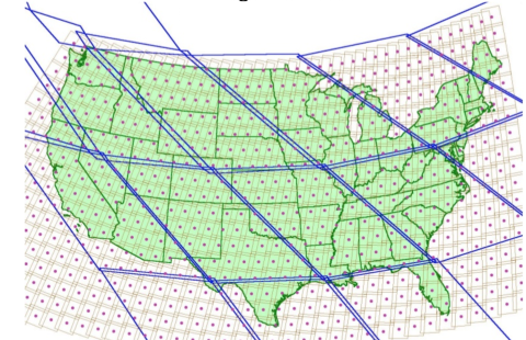 MODIS tiles versus Landsat tiles. MODIS has a much larger swatch than Landsat; and therefore a temporal resolution of 1-2 days versus 16 of Landsat. Red dots indicate the center point of each Landsat tile.