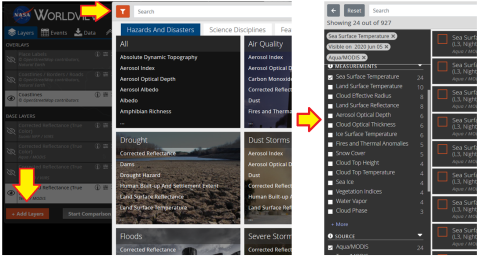 Side-by-side images showing how to activate faceted search panel (left image) with yellow arrows outlined in red and open faceted search panel (right image). Yellow arrow outlined in red points from left image to right image.