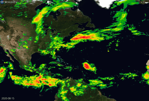 Map shows IMERG daily precipitation data in North America, from August 15 to August 30. Hurricanes Marco and Laura can be seen in the Gulf of Mexico starting August 21.