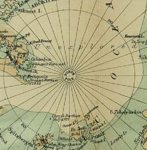 Map of polar research stations from 1885 showing large area labeled