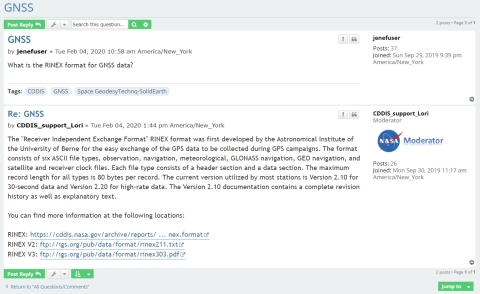 Screenshot of a question/response from Earthdata Forum. Question is related to GNSS and appears in the upper quarter of the rectangular box. A narrow box with question tags appears below the question box. Answer from CDDIS appears in a larger box under the narrow tag box with hyperlinks from CDDIS to more information at the bottom.