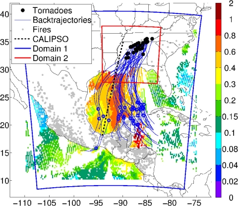 Data image showing smoke drifting from the Yucatan Peninsula correlating with a deadly tornado outbreak across the southeastern U.S.