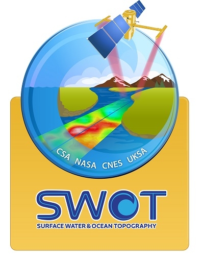Logo for the SWOT mission showing a spacecraft sensing Earth over a body of water with the word