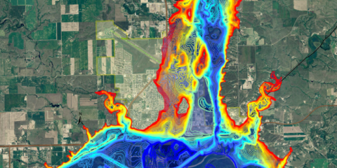 Projected flooding in Williston, ND after catastrophic dam failure. Reds indicate low flood depths versus blues which indicate high flood depths, upwards of 50 feet. Landsat data used to create this flood map.