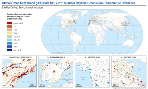 Global urban heat island dataset, from NASA's Socioeconomic Data and Applications Center (SEDAC), estimates the difference between land surface temperatures (LST) in urban areas and surrounding rural areas. LSTs are derived from Aqua MODIS 8-day composite LST data for a 40-day timespan.