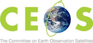 CEOS in green with Earth for the letter O; acronym spelled out below in gray.